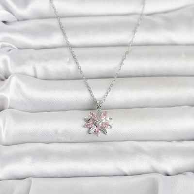 316L Çelik Zincir Gümüş Renk Pembe Papatya Model Kadın Kolye