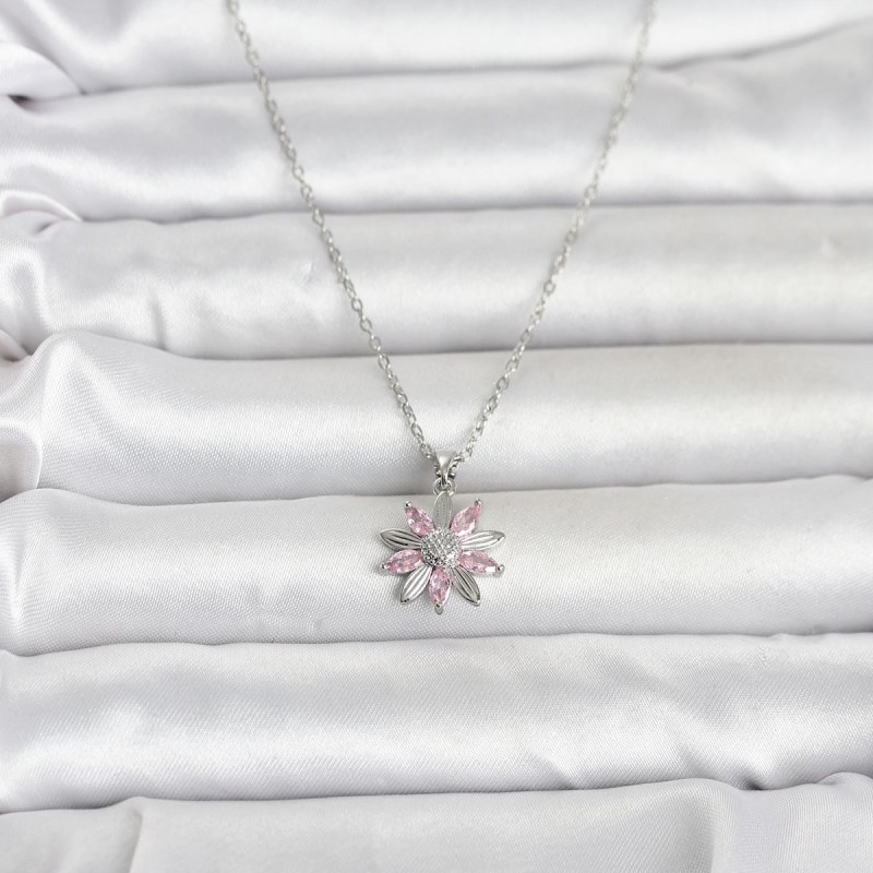 316L Çelik Zincir Gümüş Renk Pembe Papatya Model Kadın Kolye