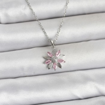 316L Çelik Zincir Gümüş Renk Pembe Papatya Model Kadın Kolye