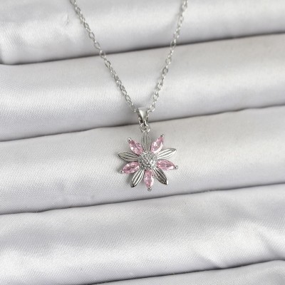 316L Çelik Zincir Gümüş Renk Pembe Papatya Model Kadın Kolye
