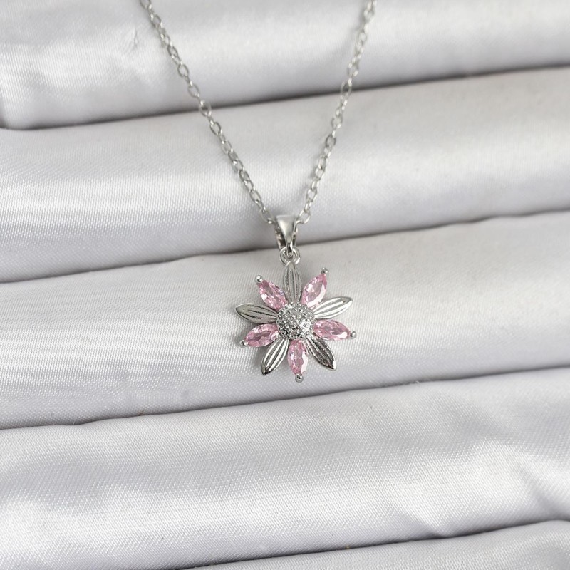 316L Çelik Zincir Gümüş Renk Pembe Papatya Model Kadın Kolye