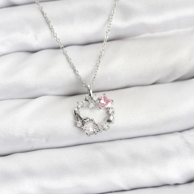 316L Çelik Zincir Gümüş Renk Pembe Taş Detaylı Çelenk Model Kadın Kolye