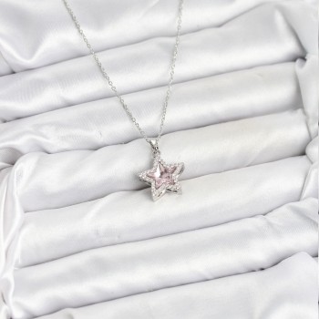 316L Çelik Zincir Gümüş Renk Pembe Taşlı Yıldız Model Kadın Kolye