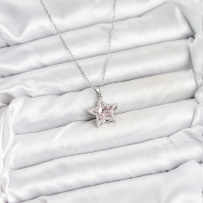 316L Çelik Zincir Gümüş Renk Pembe Taşlı Yıldız Model Kadın Kolye