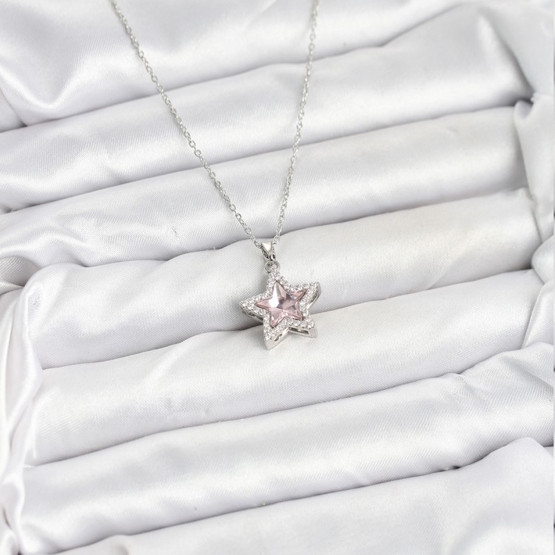 316L Çelik Zincir Gümüş Renk Pembe Taşlı Yıldız Model Kadın Kolye