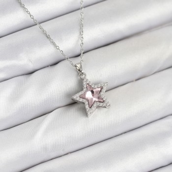 316L Çelik Zincir Gümüş Renk Pembe Taşlı Yıldız Model Kadın Kolye
