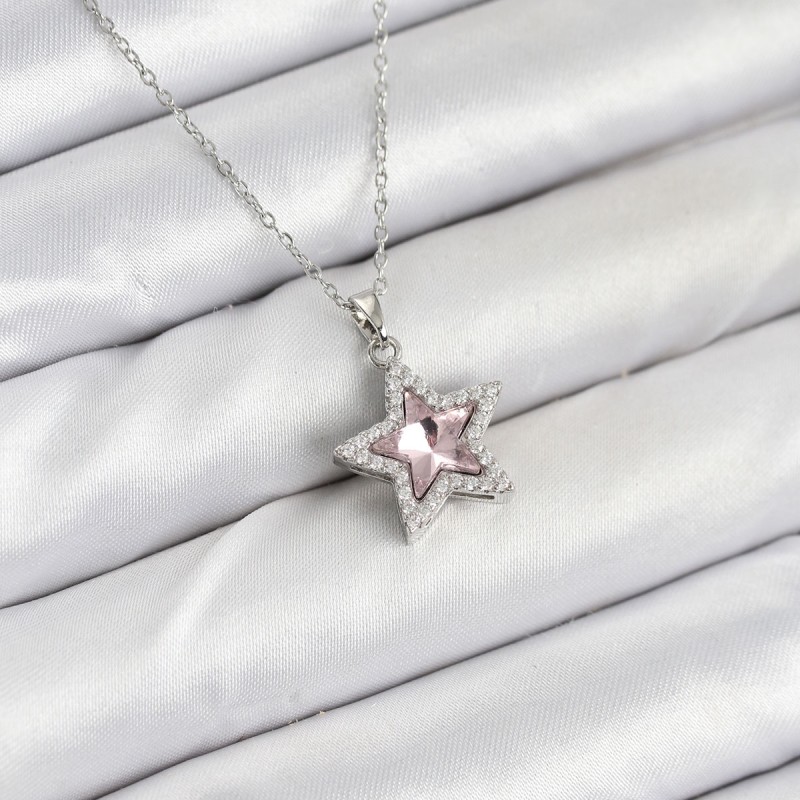 316L Çelik Zincir Gümüş Renk Pembe Taşlı Yıldız Model Kadın Kolye