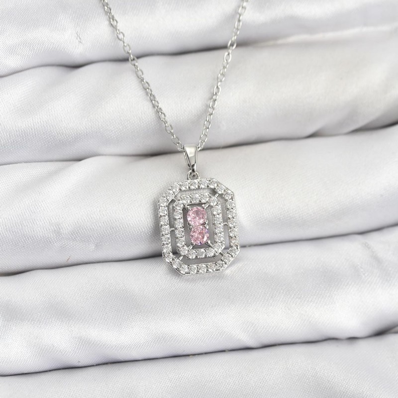 316L Çelik Zincir Gümüş Renk Plaka Model Zirkon Taşlı Kadın Kolye