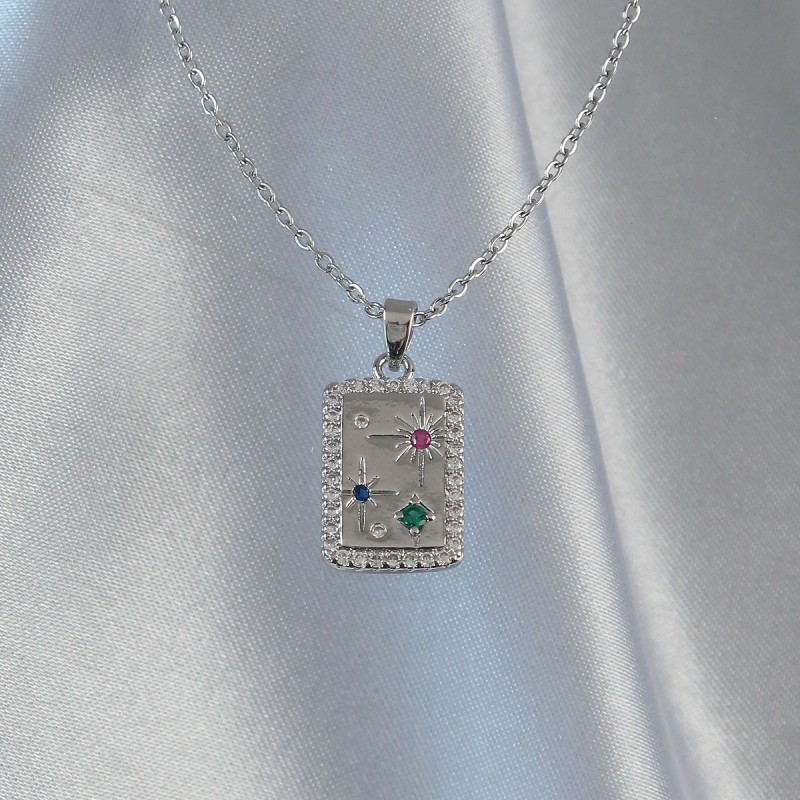 316L Çelik Zincir Gümüş Renk Renkli Zirkon Taşlı Vintage Kolye