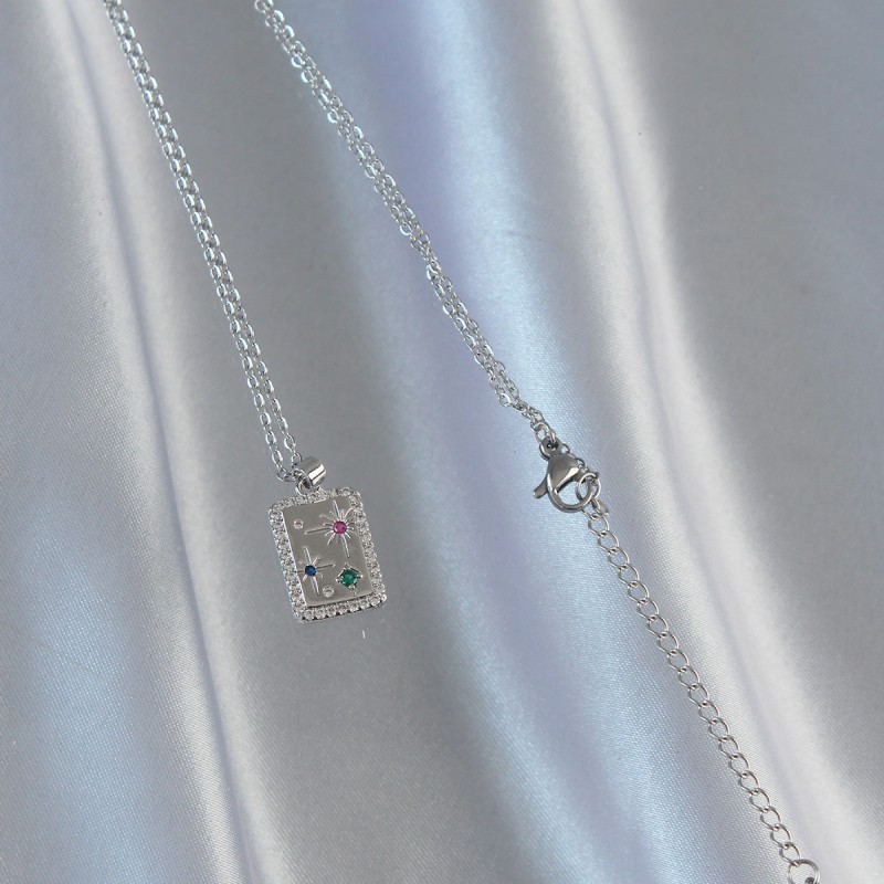 316L Çelik Zincir Gümüş Renk Renkli Zirkon Taşlı Vintage Kolye