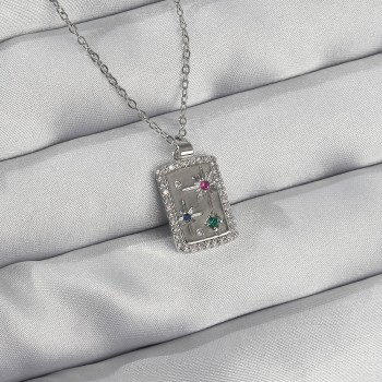 316L Çelik Zincir Gümüş Renk Renkli Zirkon Taşlı Vintage Kolye