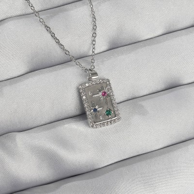 316L Çelik Zincir Gümüş Renk Renkli Zirkon Taşlı Vintage Kolye