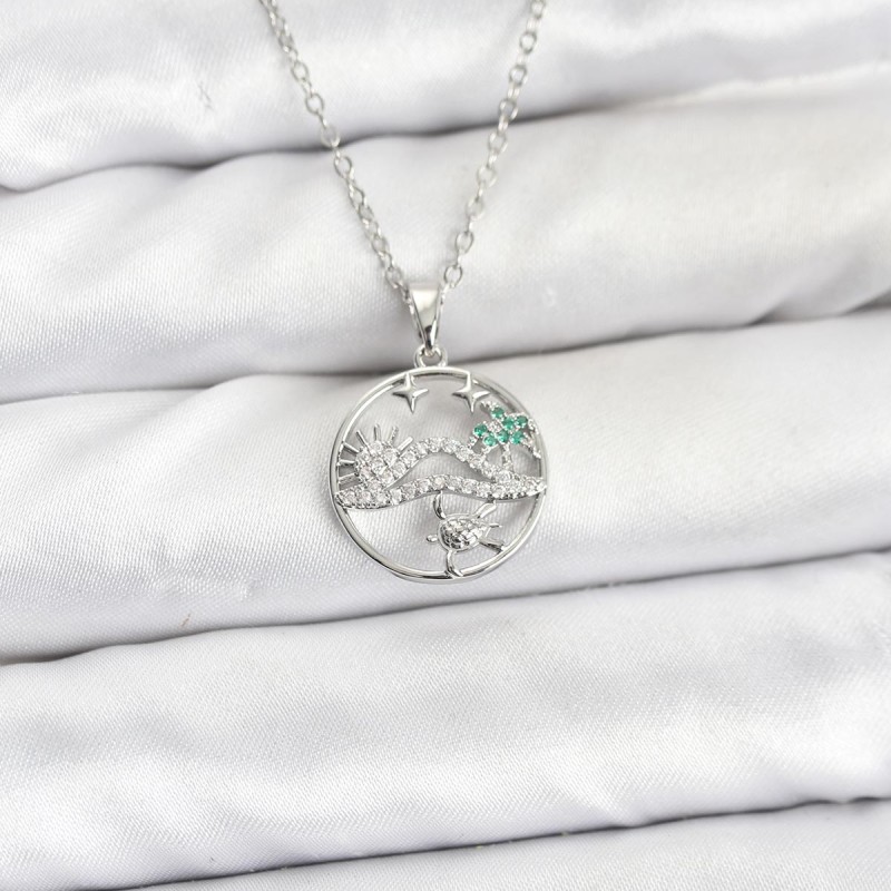 316L Çelik Zincir Gümüş Renk Şans Kolyesi Model Zirkon Taşlı Kadın Kolye