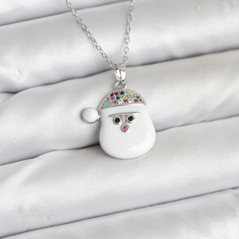 316L Çelik Zincir Gümüş Renk Şapkalı Kardan Adam Kafası Model Yılbaşı Temalı Kadın Kolye