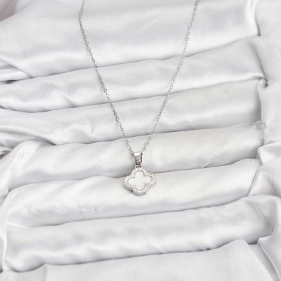 316L Çelik Zincir Gümüş Renk Sedefli Yonca Kadın Kolye