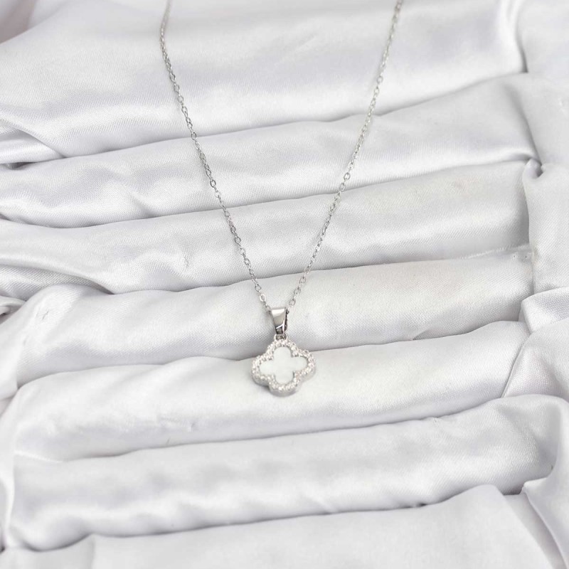 316L Çelik Zincir Gümüş Renk Sedefli Yonca Kadın Kolye