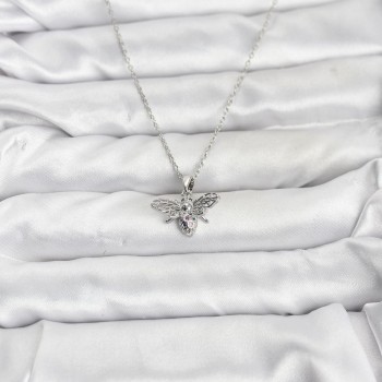 316L Çelik Zincir Gümüş Renk Sinek Model Zirkon Taşlı Kadın Kolye
