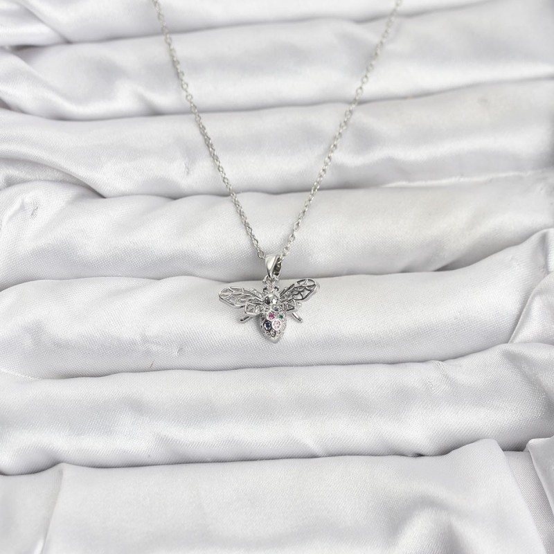 316L Çelik Zincir Gümüş Renk Sinek Model Zirkon Taşlı Kadın Kolye