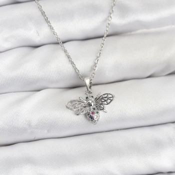 316L Çelik Zincir Gümüş Renk Sinek Model Zirkon Taşlı Kadın Kolye