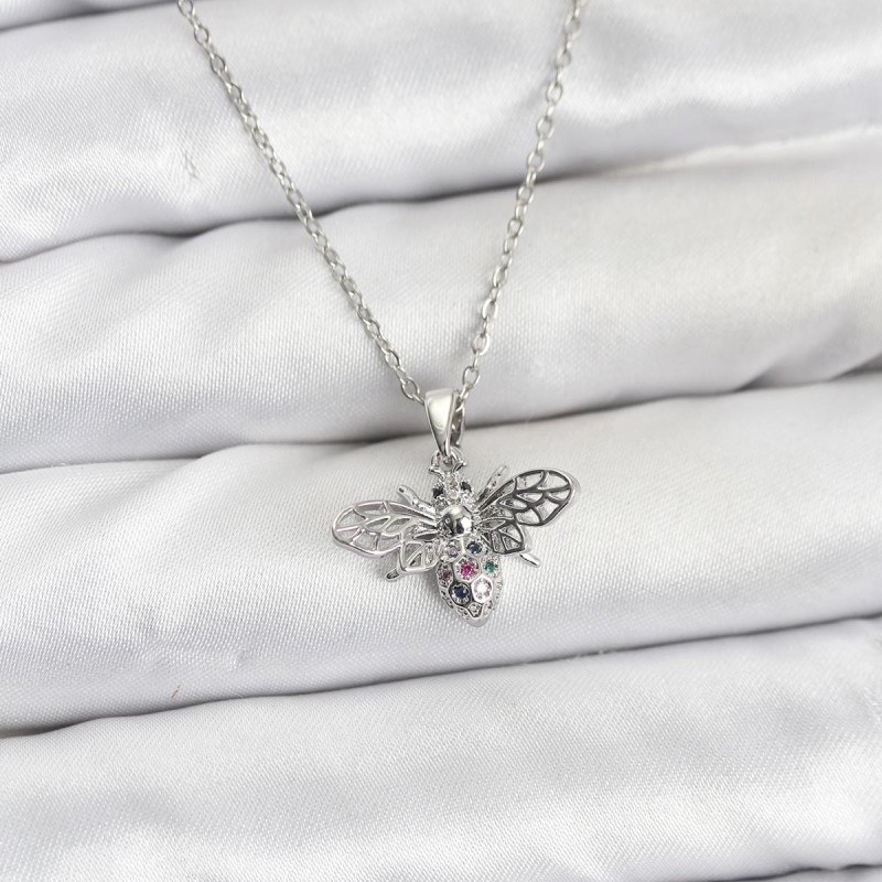 316L Çelik Zincir Gümüş Renk Sinek Model Zirkon Taşlı Kadın Kolye