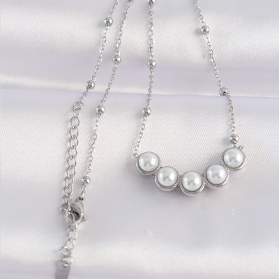 316L Çelik Zincir Gümüş Renk Sıralı İnci Taşlı Kolye