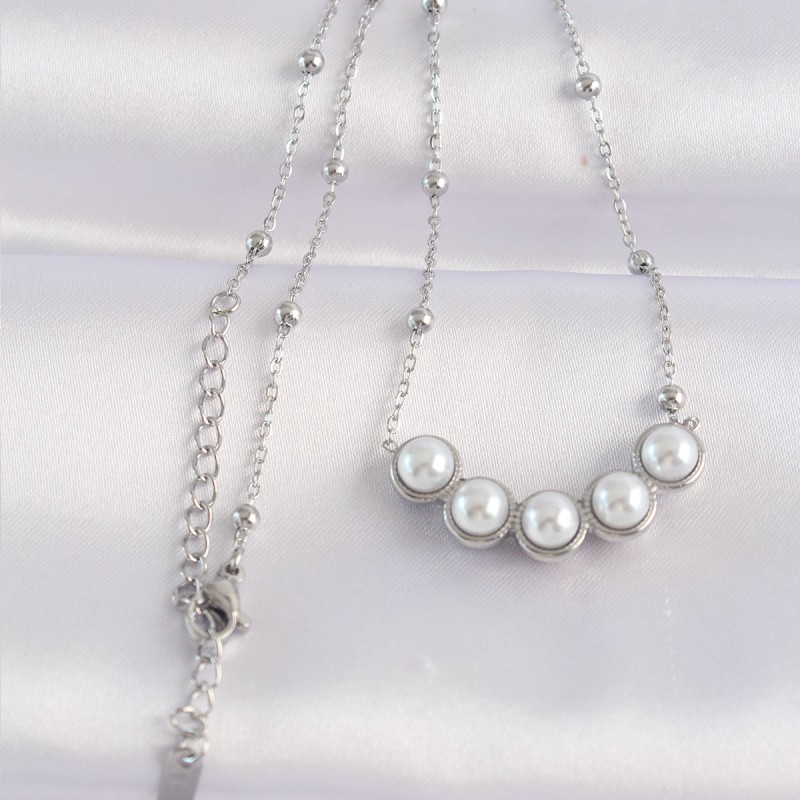 316L Çelik Zincir Gümüş Renk Sıralı İnci Taşlı Kolye