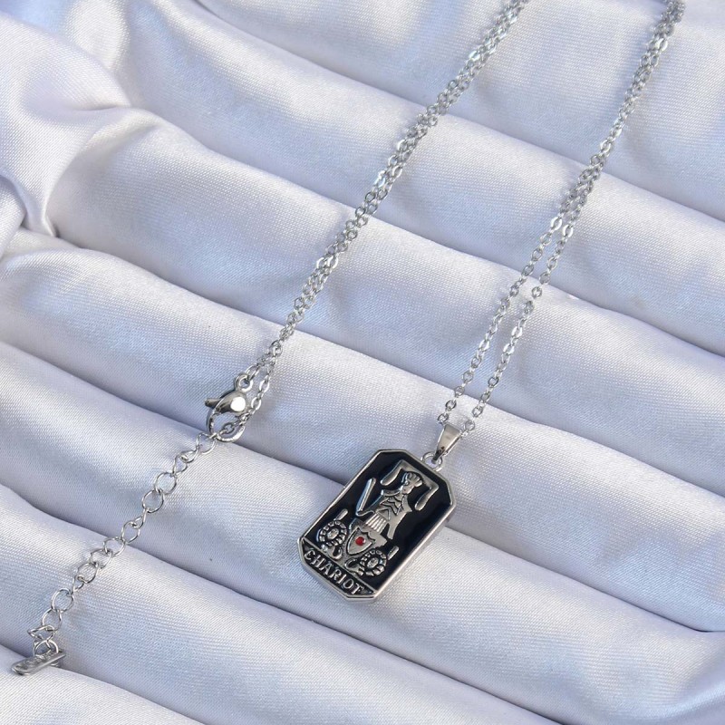 316L Çelik Zincir Gümüş Renk Siyah Mineli Tarot Kolye