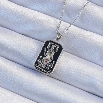 316L Çelik Zincir Gümüş Renk Siyah Mineli Tarot Kolye