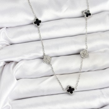 316L Çelik Zincir Gümüş Renk Siyah ve Zirkon Taşlı Baby Boy Yonca Kadın Kolye