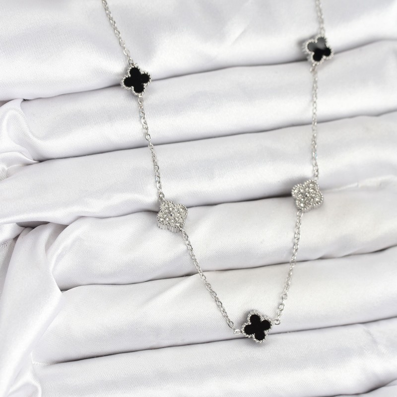 316L Çelik Zincir Gümüş Renk Siyah ve Zirkon Taşlı Baby Boy Yonca Kadın Kolye