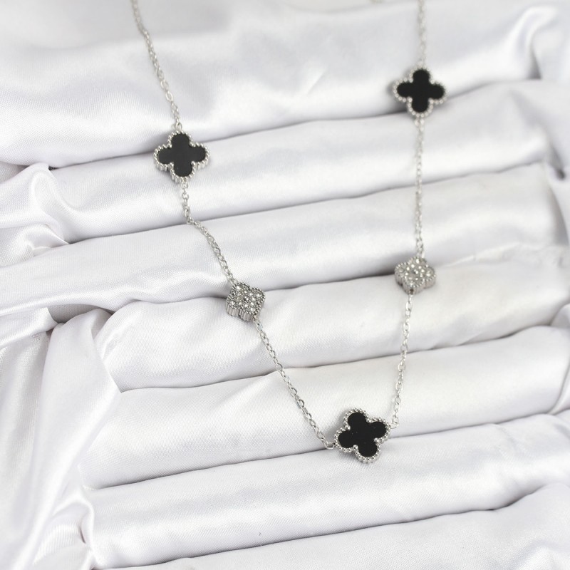 316L Çelik Zincir Gümüş Renk Siyah ve Zirkon Taşlı Yonca Kadın Kolye