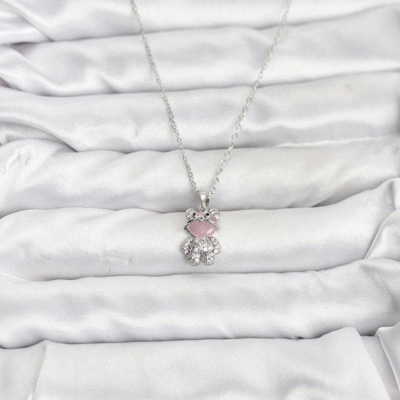 316L Çelik Zincir Gümüş Renk Teddy Bear Model Zirkon Taşlı Kadın Kolye