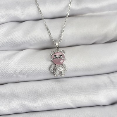 316L Çelik Zincir Gümüş Renk Teddy Bear Model Zirkon Taşlı Kadın Kolye