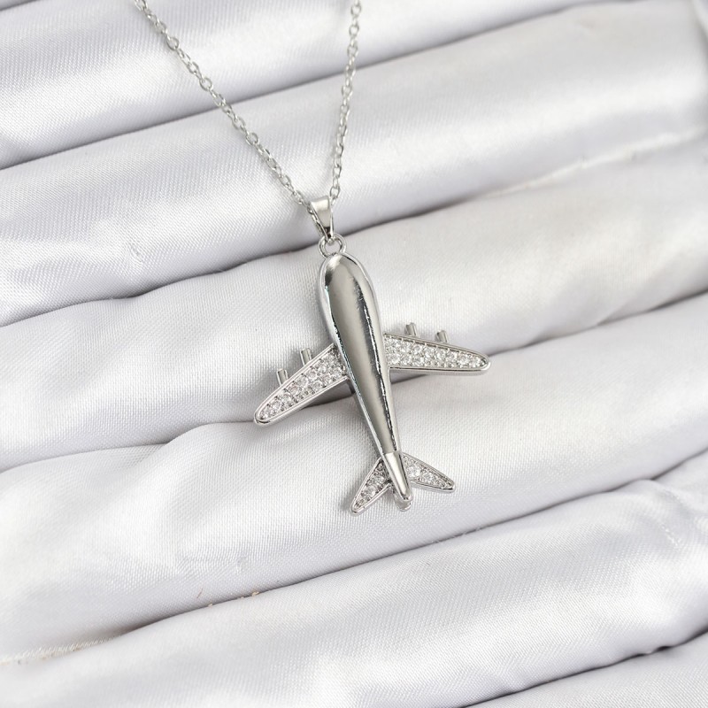 316L Çelik Zincir Gümüş Renk Uçak Model Kadın Kolye
