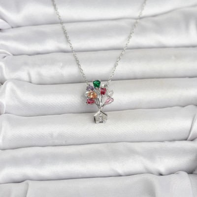 316L Çelik Zincir Gümüş Renk Uçan Balon Ev Figür Kadın Kolye