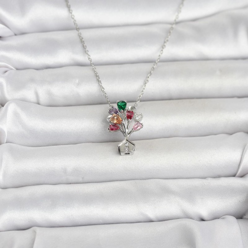 316L Çelik Zincir Gümüş Renk Uçan Balon Ev Figür Kadın Kolye