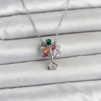 316L Çelik Zincir Gümüş Renk Uçan Balon Ev Figür Kadın Kolye