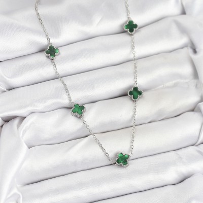 316L Çelik Zincir Gümüş Renk Yeşil Baby Boy Yonca Kadın Kolye