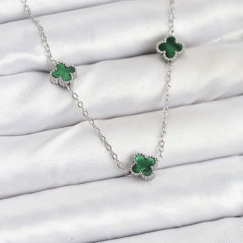 316L Çelik Zincir Gümüş Renk Yeşil Baby Boy Yonca Kadın Kolye