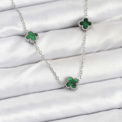 316L Çelik Zincir Gümüş Renk Yeşil Baby Boy Yonca Kadın Kolye