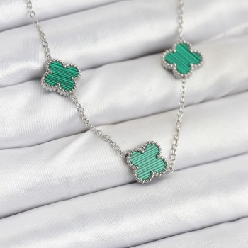 316L Çelik Zincir Gümüş Renk Yeşil Yonca Kadın Kolye