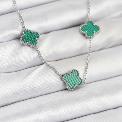 316L Çelik Zincir Gümüş Renk Yeşil Yonca Kadın Kolye