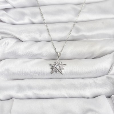 316L Çelik Zincir Gümüş Renk Yıldız Model Zirkon Taşlı Kadın Kolye