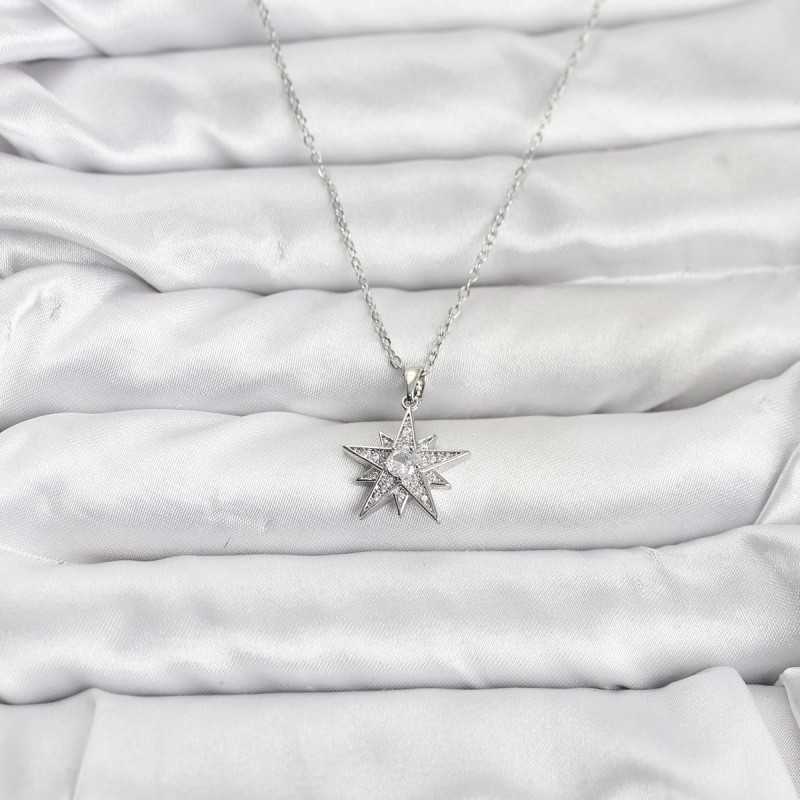 316L Çelik Zincir Gümüş Renk Yıldız Model Zirkon Taşlı Kadın Kolye