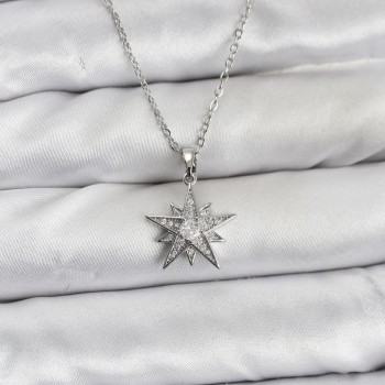 316L Çelik Zincir Gümüş Renk Yıldız Model Zirkon Taşlı Kadın Kolye