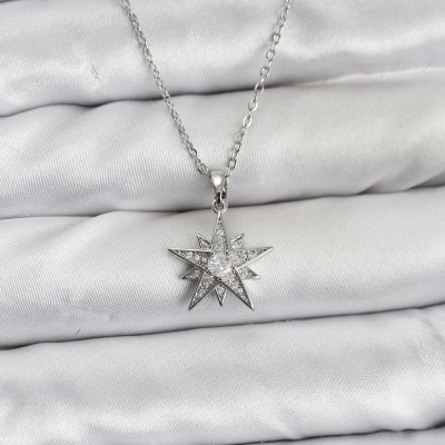 316L Çelik Zincir Gümüş Renk Yıldız Model Zirkon Taşlı Kadın Kolye