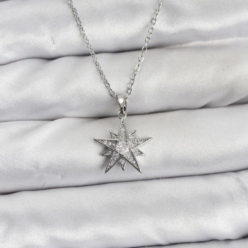 316L Çelik Zincir Gümüş Renk Yıldız Model Zirkon Taşlı Kadın Kolye