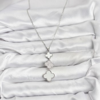 316L Çelik Zincir Gümüş Renk Yonca Detaylı Zirkon Taşlı Kadın Kolye