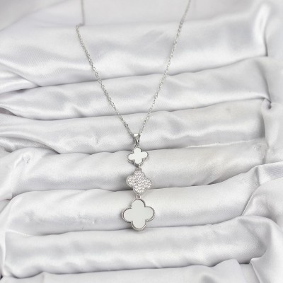 316L Çelik Zincir Gümüş Renk Yonca Detaylı Zirkon Taşlı Kadın Kolye