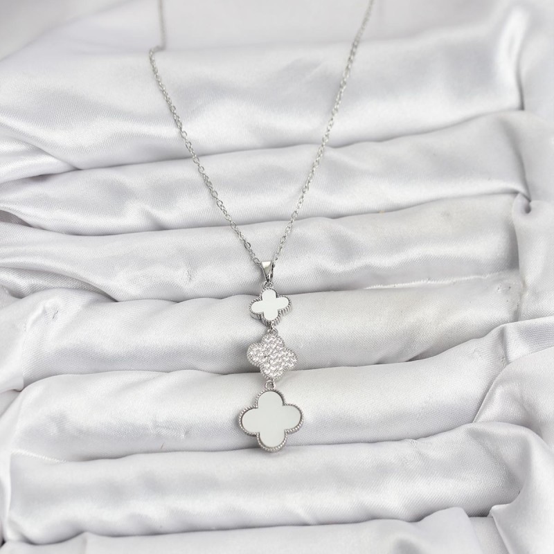 316L Çelik Zincir Gümüş Renk Yonca Detaylı Zirkon Taşlı Kadın Kolye